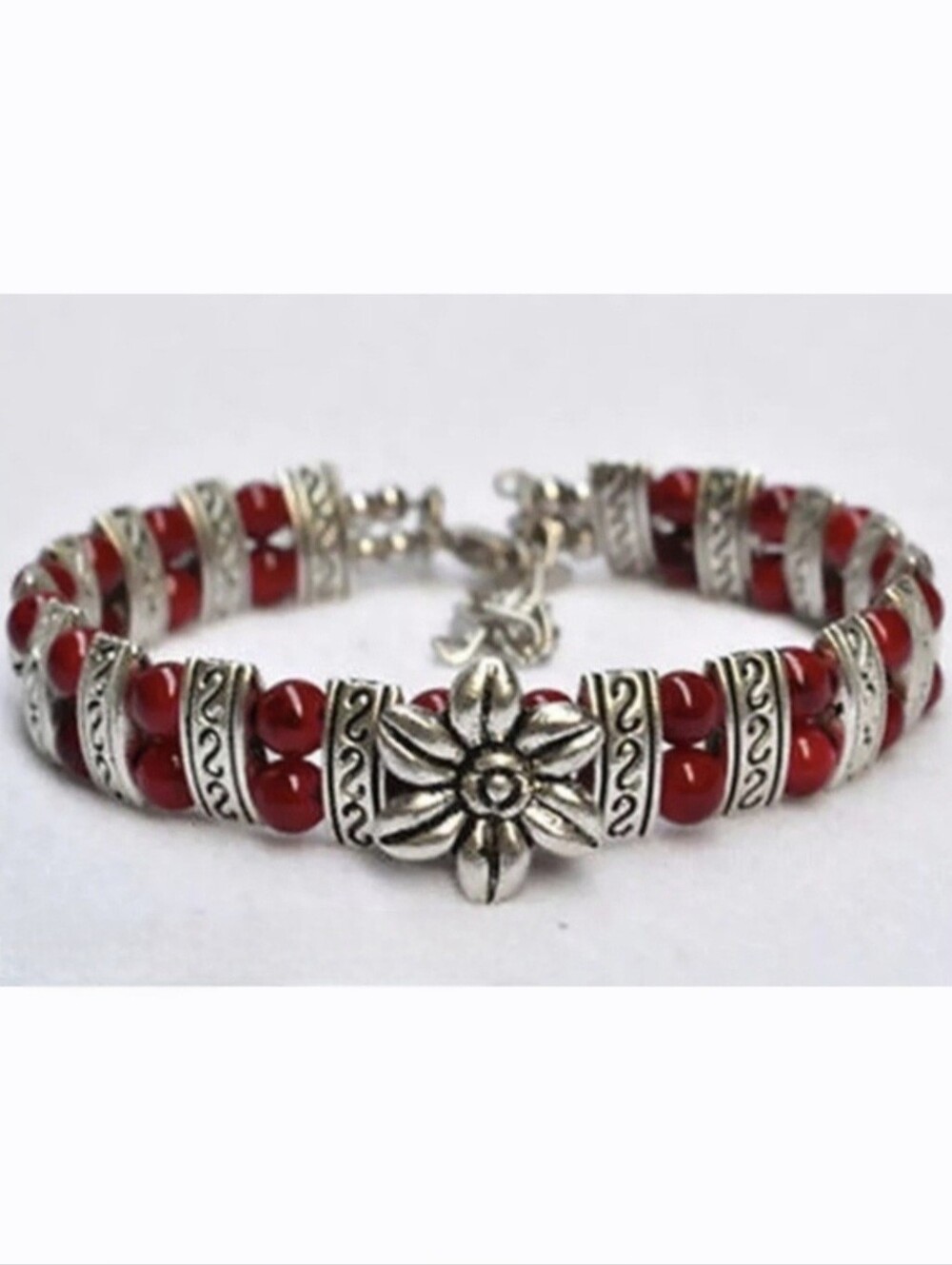 Christmas Poinsettia Flower Floral Silver Red Beaded Bracelet Bangle Bead Boho